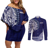 Samoa HRPP Couples Matching Off Shoulder Short Dress and Long Sleeve Button Shirt Samoan Motif Patterns LT9 Blue - Polynesian Pride