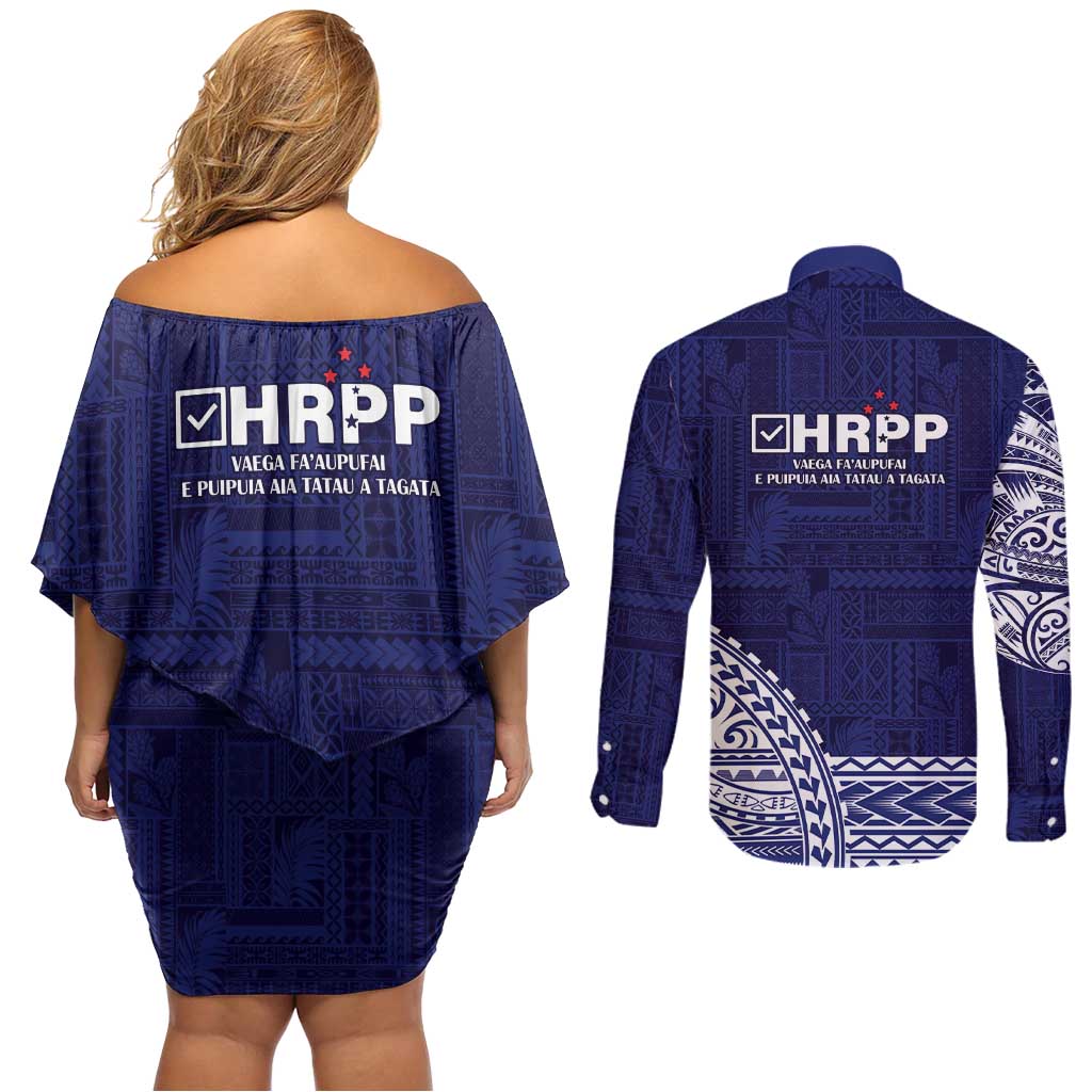 Samoa HRPP Couples Matching Off Shoulder Short Dress and Long Sleeve Button Shirt Samoan Motif Patterns LT9 - Polynesian Pride