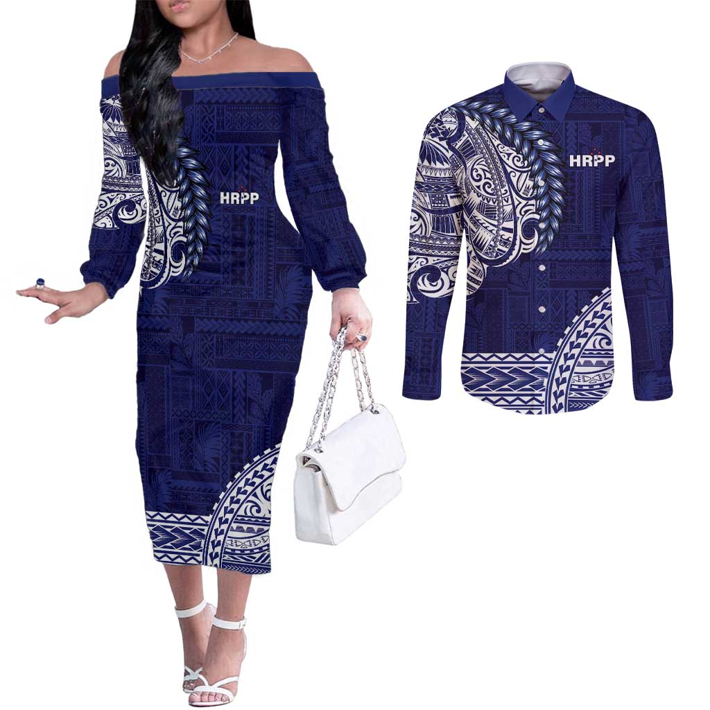 Samoa HRPP Couples Matching Off The Shoulder Long Sleeve Dress and Long Sleeve Button Shirt Samoan Motif Patterns LT9 Blue - Polynesian Pride
