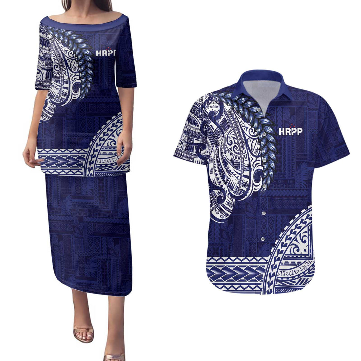 Samoa HRPP Couples Matching Puletasi and Hawaiian Shirt Samoan Motif Patterns LT9 Blue - Polynesian Pride