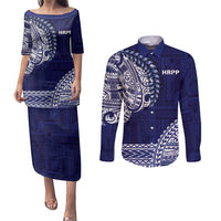 Samoa HRPP Couples Matching Puletasi and Long Sleeve Button Shirt Samoan Motif Patterns LT9 Blue - Polynesian Pride