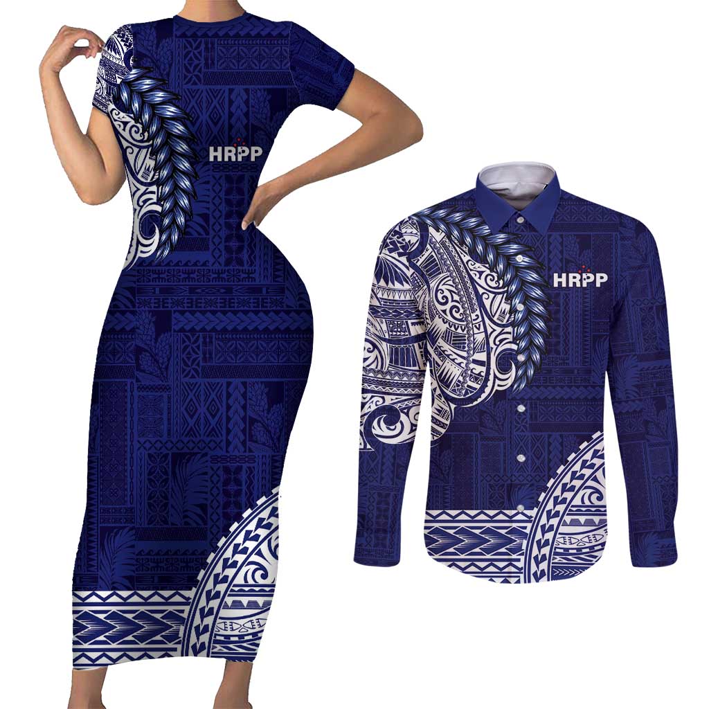 Samoa HRPP Couples Matching Short Sleeve Bodycon Dress and Long Sleeve Button Shirt Samoan Motif Patterns LT9 Blue - Polynesian Pride