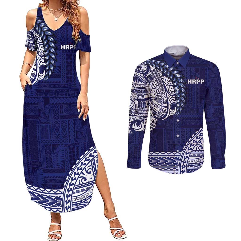 Samoa HRPP Couples Matching Summer Maxi Dress and Long Sleeve Button Shirt Samoan Motif Patterns LT9 Blue - Polynesian Pride