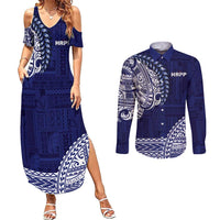 Samoa HRPP Couples Matching Summer Maxi Dress and Long Sleeve Button Shirt Samoan Motif Patterns LT9 Blue - Polynesian Pride