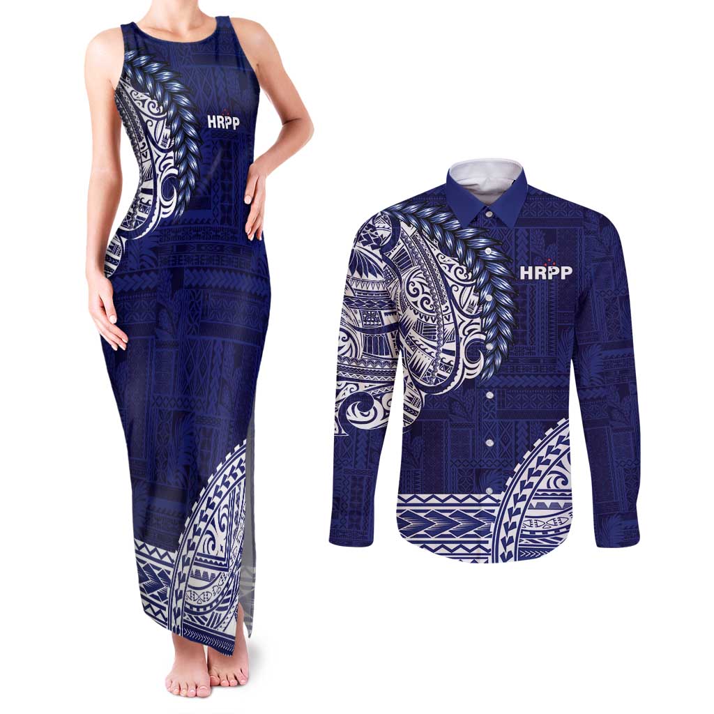 Samoa HRPP Couples Matching Tank Maxi Dress and Long Sleeve Button Shirt Samoan Motif Patterns LT9 Blue - Polynesian Pride