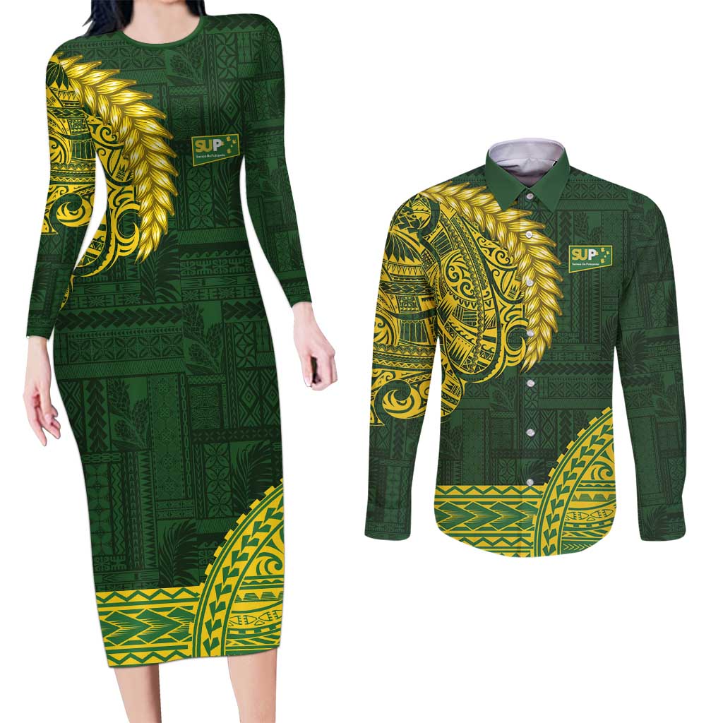 Samoa SUP Couples Matching Long Sleeve Bodycon Dress and Long Sleeve Button Shirt Samoan Motif Patterns LT9 Green - Polynesian Pride