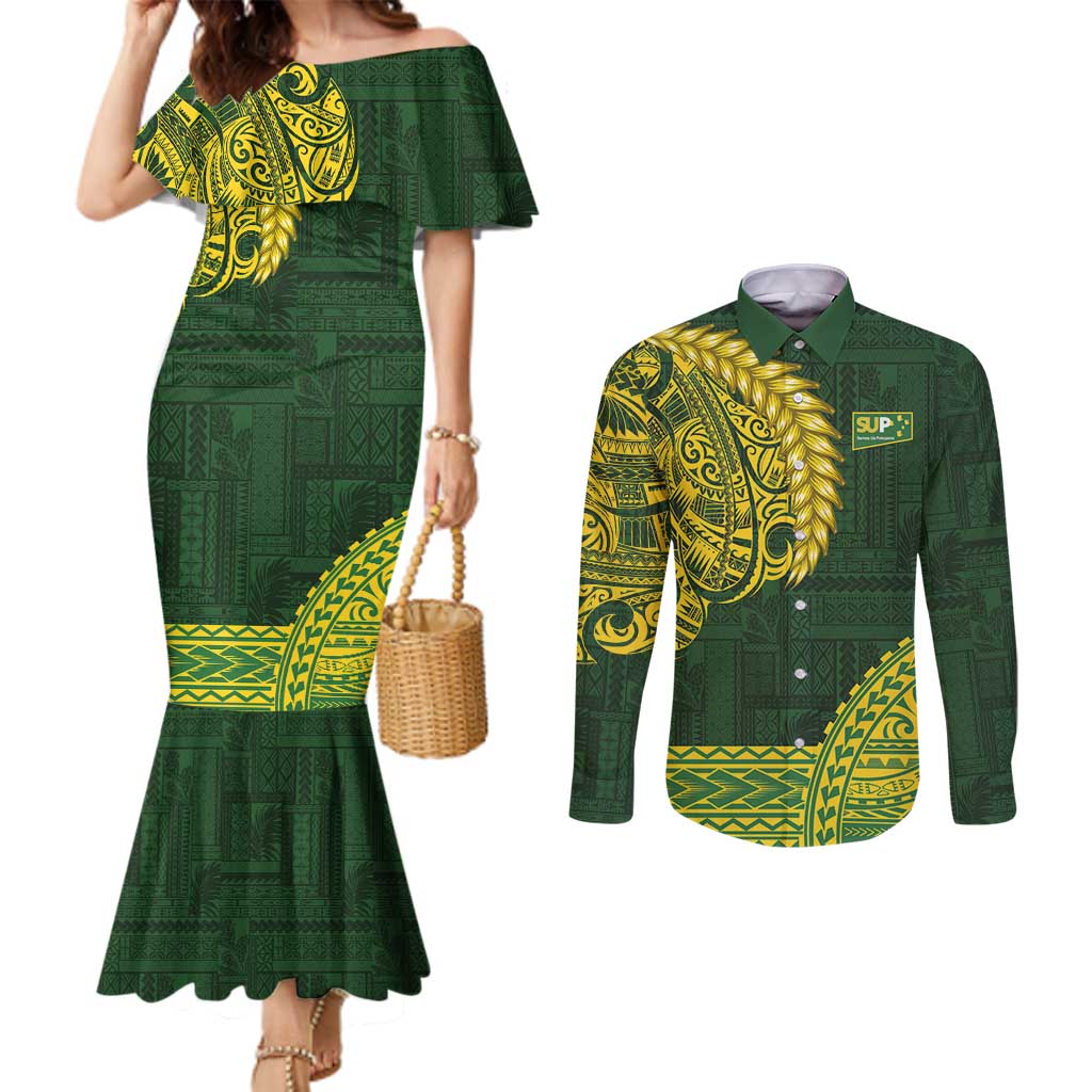 Samoa SUP Couples Matching Mermaid Dress and Long Sleeve Button Shirt Samoan Motif Patterns LT9 Green - Polynesian Pride