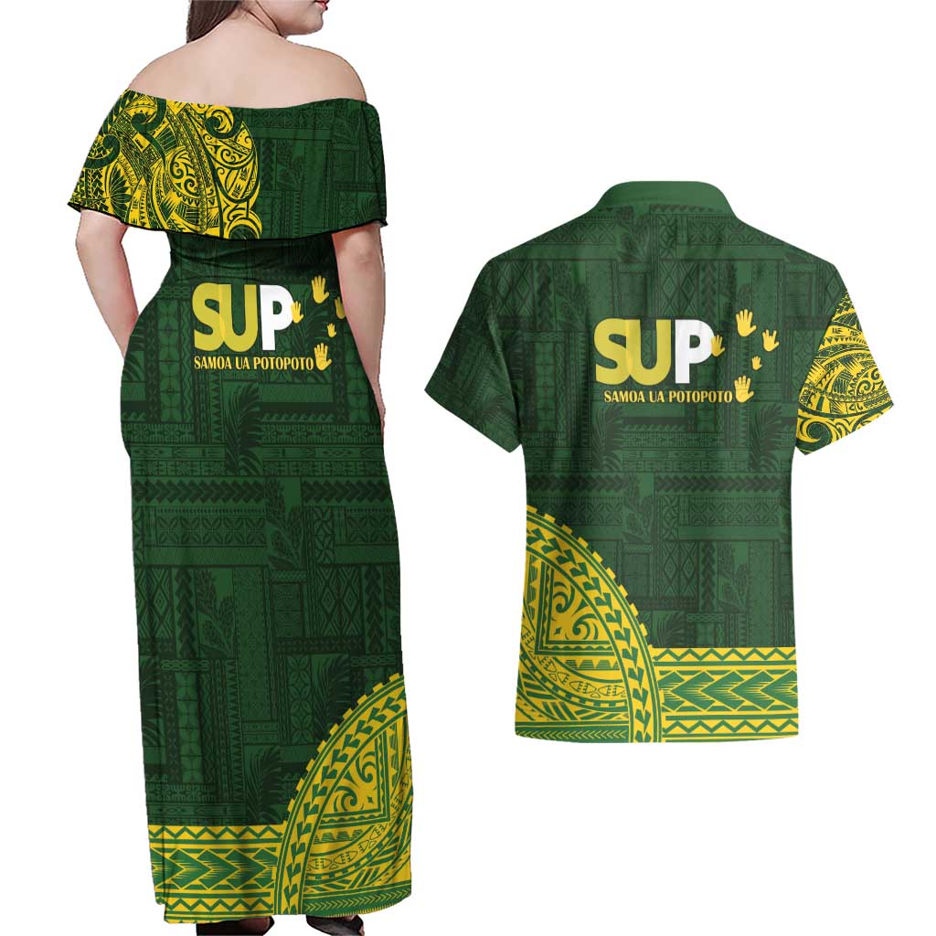 Samoa SUP Couples Matching Off Shoulder Maxi Dress and Hawaiian Shirt Samoan Motif Patterns - Polynesian Pride