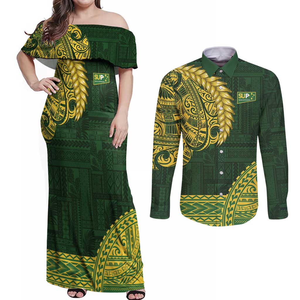 Samoa SUP Couples Matching Off Shoulder Maxi Dress and Long Sleeve Button Shirt Samoan Motif Patterns LT9 Green - Polynesian Pride