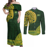 Samoa SUP Couples Matching Off Shoulder Maxi Dress and Long Sleeve Button Shirt Samoan Motif Patterns LT9 Green - Polynesian Pride