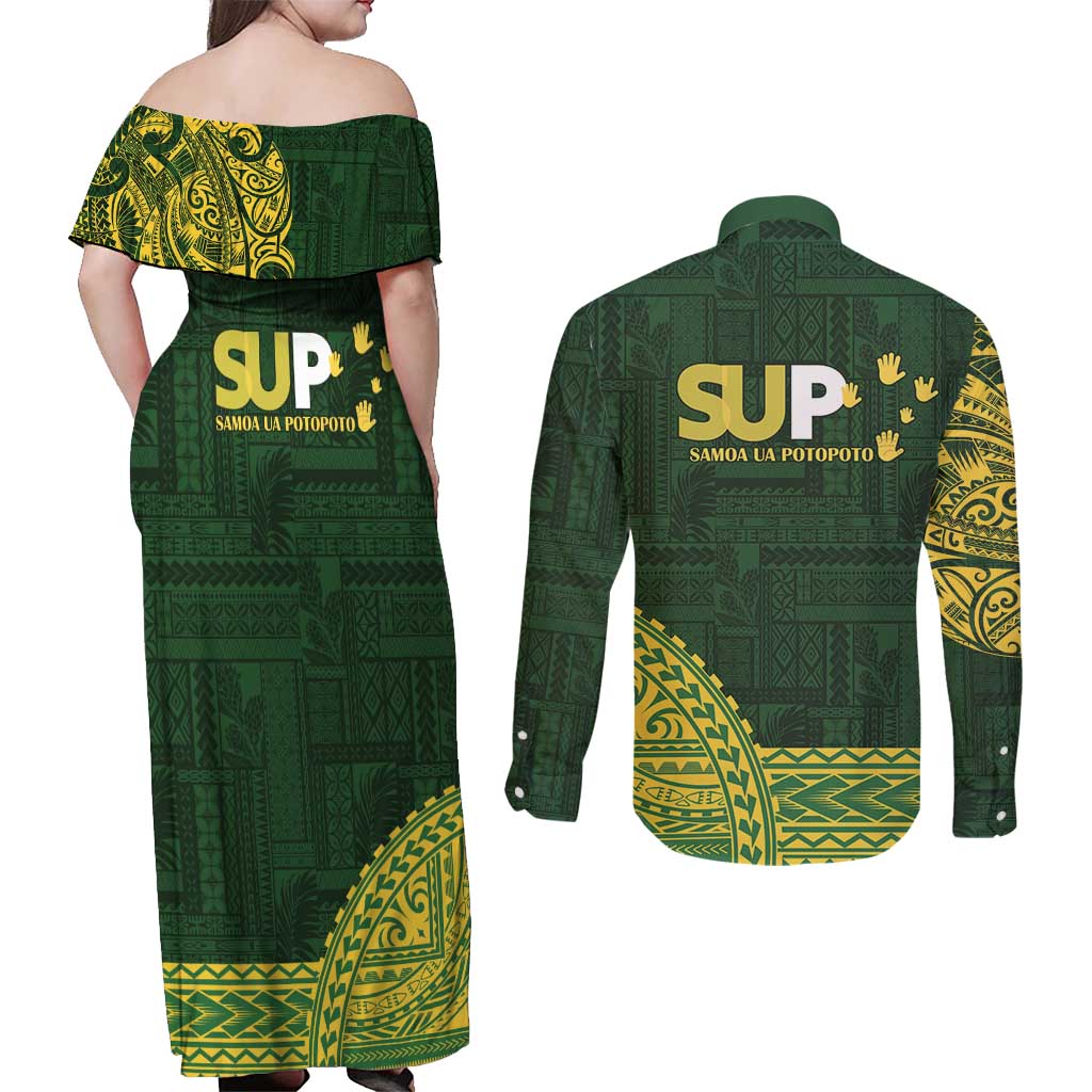 Samoa SUP Couples Matching Off Shoulder Maxi Dress and Long Sleeve Button Shirt Samoan Motif Patterns LT9 - Polynesian Pride