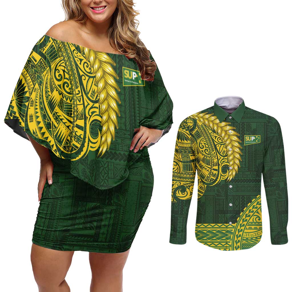 Samoa SUP Couples Matching Off Shoulder Short Dress and Long Sleeve Button Shirt Samoan Motif Patterns LT9 Green - Polynesian Pride
