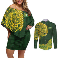 Samoa SUP Couples Matching Off Shoulder Short Dress and Long Sleeve Button Shirt Samoan Motif Patterns LT9 Green - Polynesian Pride