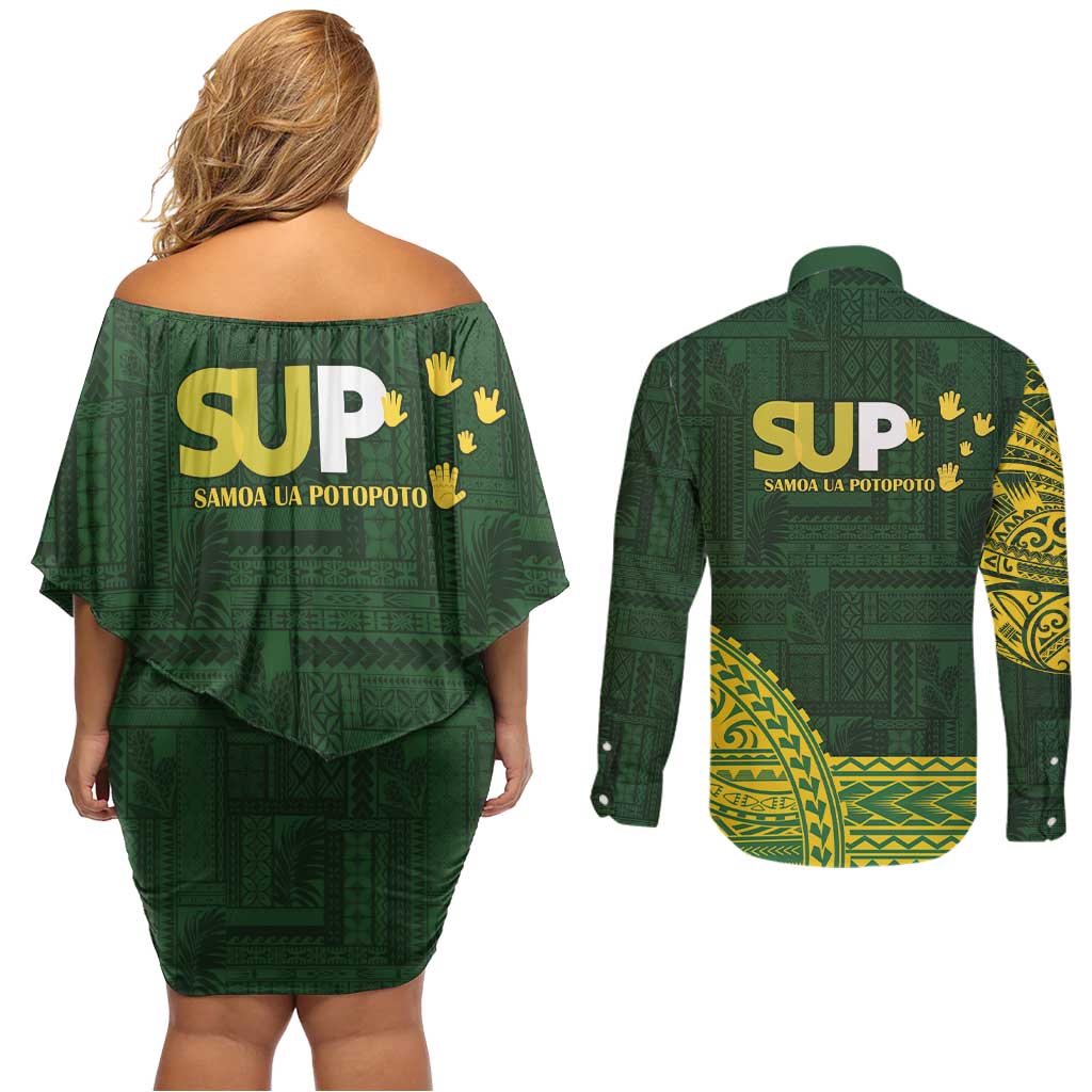 Samoa SUP Couples Matching Off Shoulder Short Dress and Long Sleeve Button Shirt Samoan Motif Patterns LT9 - Polynesian Pride