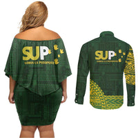 Samoa SUP Couples Matching Off Shoulder Short Dress and Long Sleeve Button Shirt Samoan Motif Patterns LT9 - Polynesian Pride