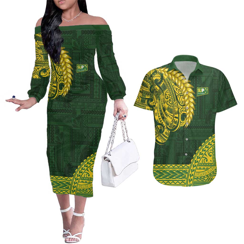 Samoa SUP Couples Matching Off The Shoulder Long Sleeve Dress and Hawaiian Shirt Samoan Motif Patterns - Polynesian Pride