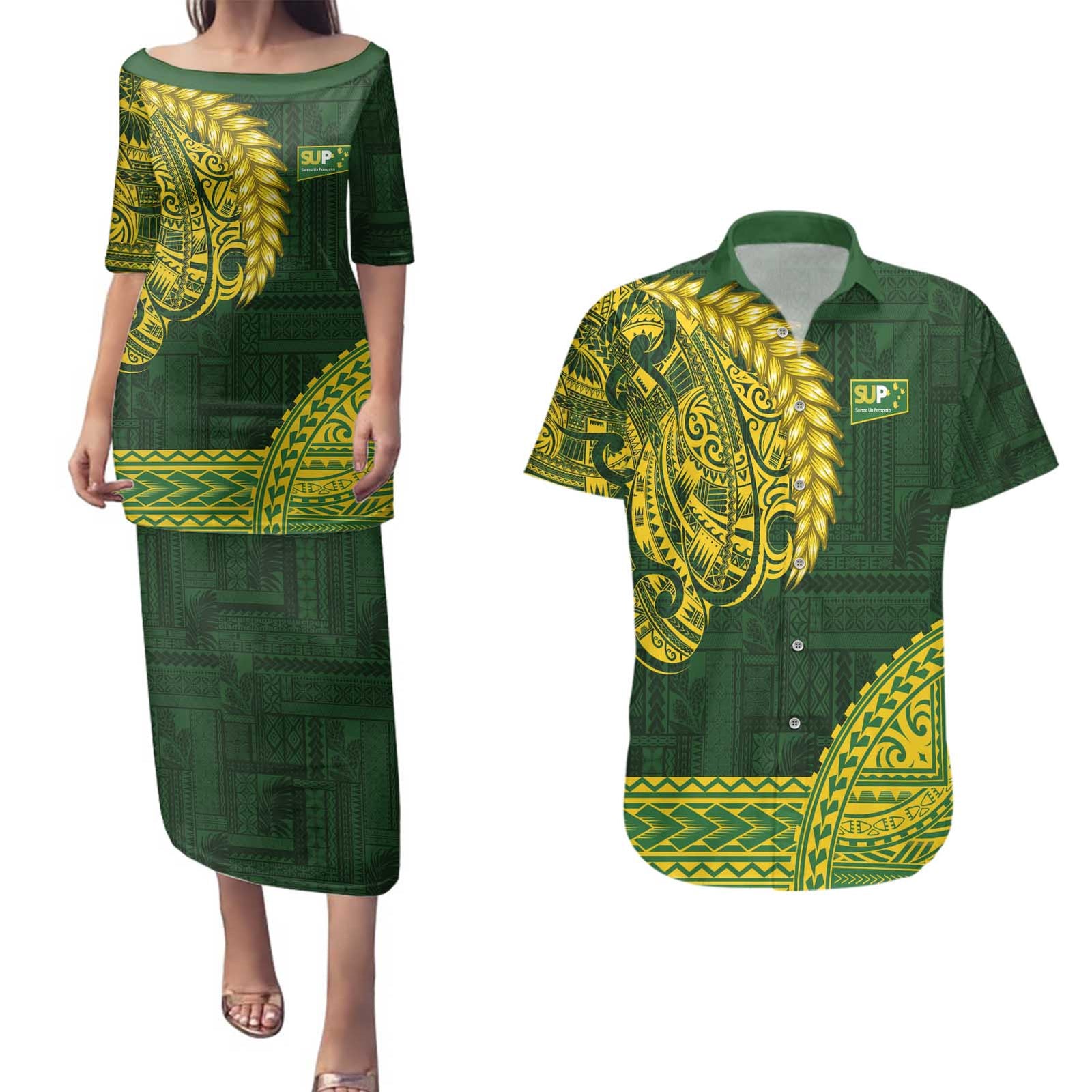Samoa SUP Couples Matching Puletasi and Hawaiian Shirt Samoan Motif Patterns LT9 Green - Polynesian Pride