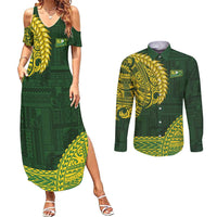 Samoa SUP Couples Matching Summer Maxi Dress and Long Sleeve Button Shirt Samoan Motif Patterns LT9 Green - Polynesian Pride