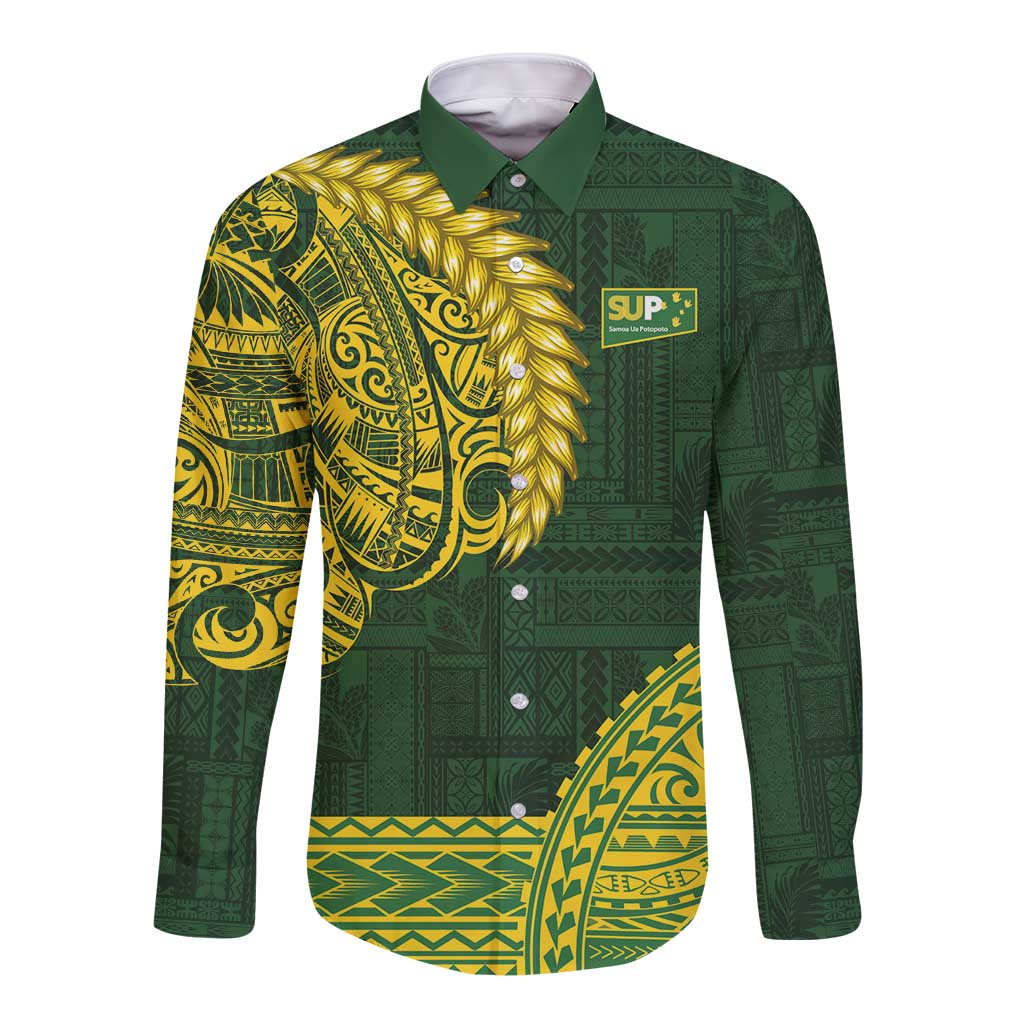 Samoa SUP Long Sleeve Button Shirt Samoan Motif Patterns LT9 Unisex Green - Polynesian Pride