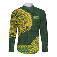 Samoa SUP Long Sleeve Button Shirt Samoan Motif Patterns LT9 Unisex Green - Polynesian Pride