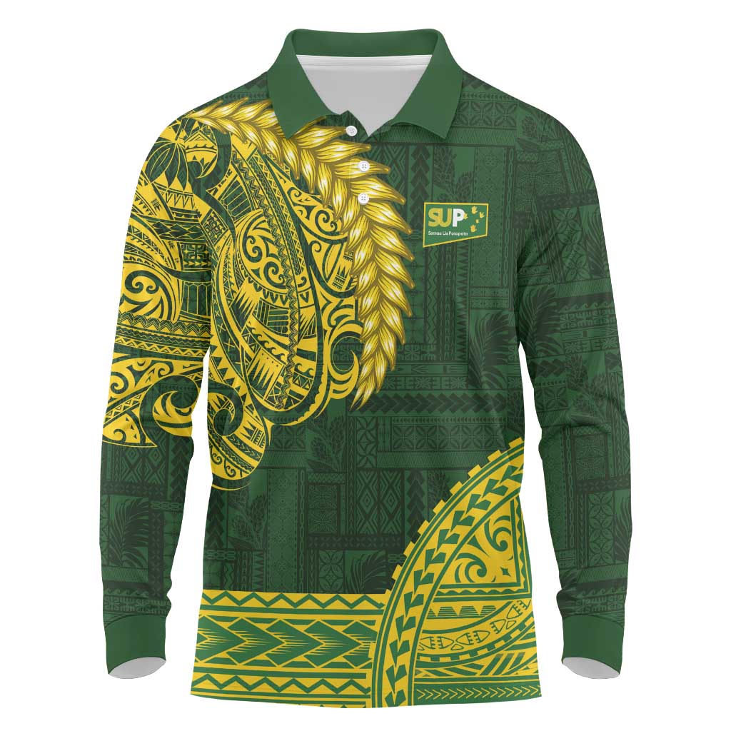 Samoa SUP Long Sleeve Polo Shirt Samoan Motif Patterns LT9 Green - Polynesian Pride