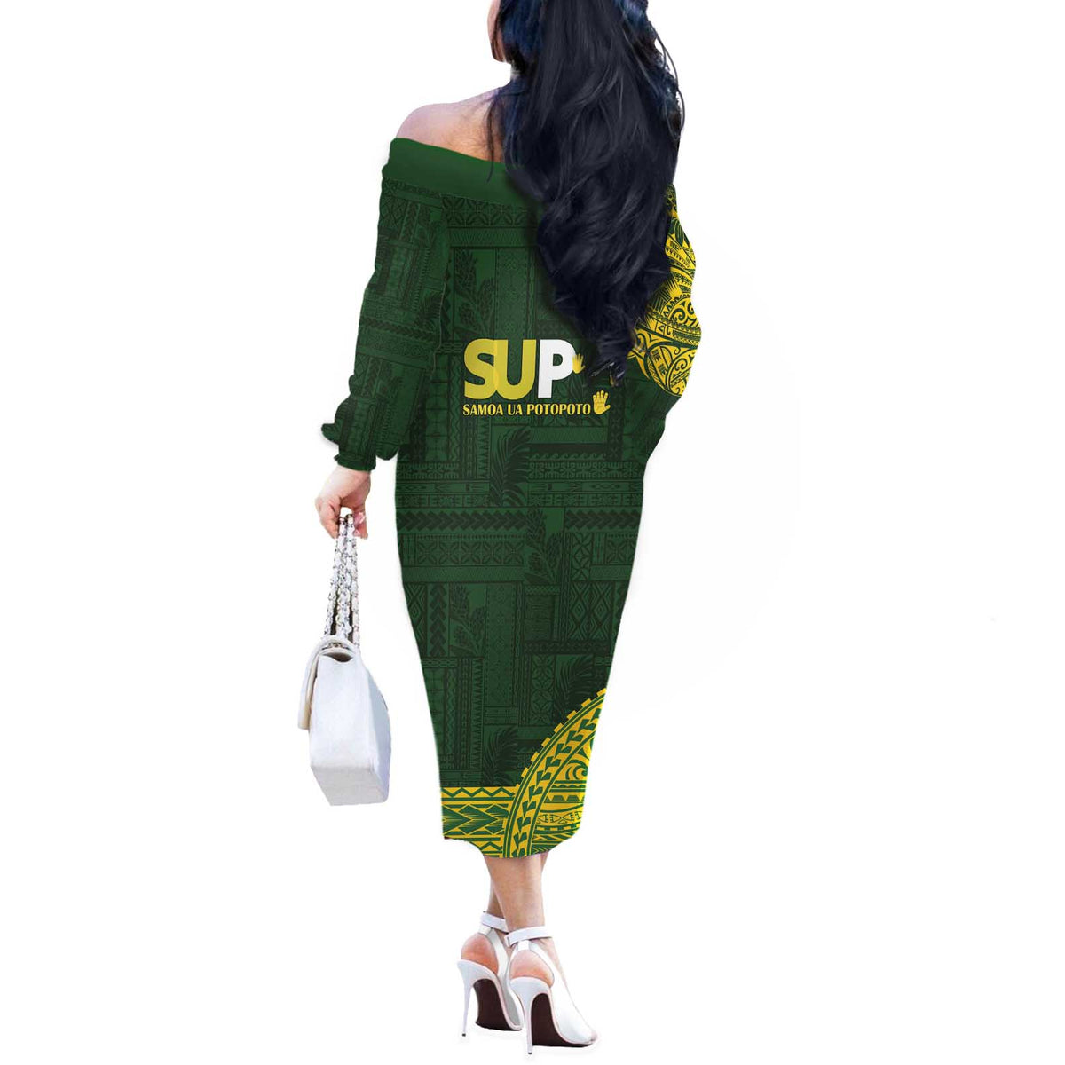 Samoa SUP Off The Shoulder Long Sleeve Dress Samoan Motif Patterns - Polynesian Pride