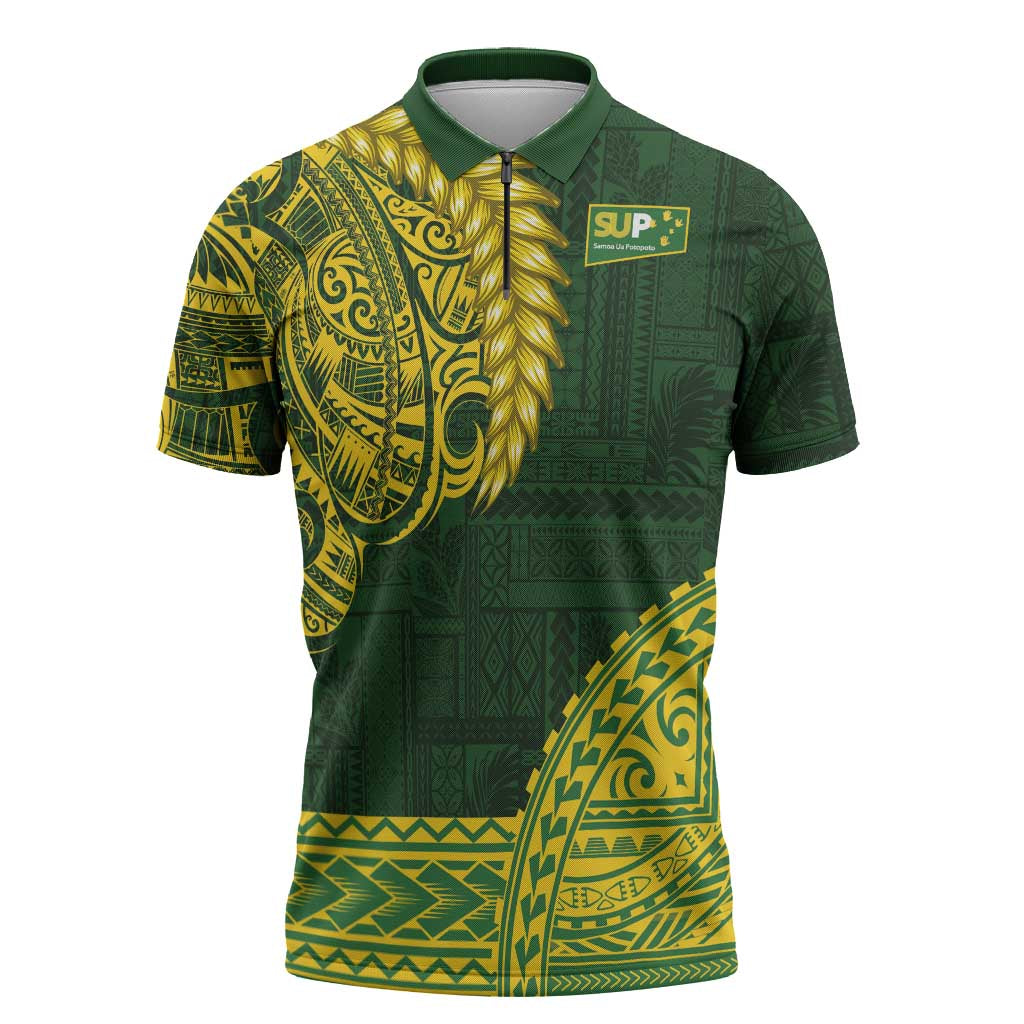 Samoa SUP Zipper Polo Shirt Samoan Motif Patterns LT9 Green - Polynesian Pride