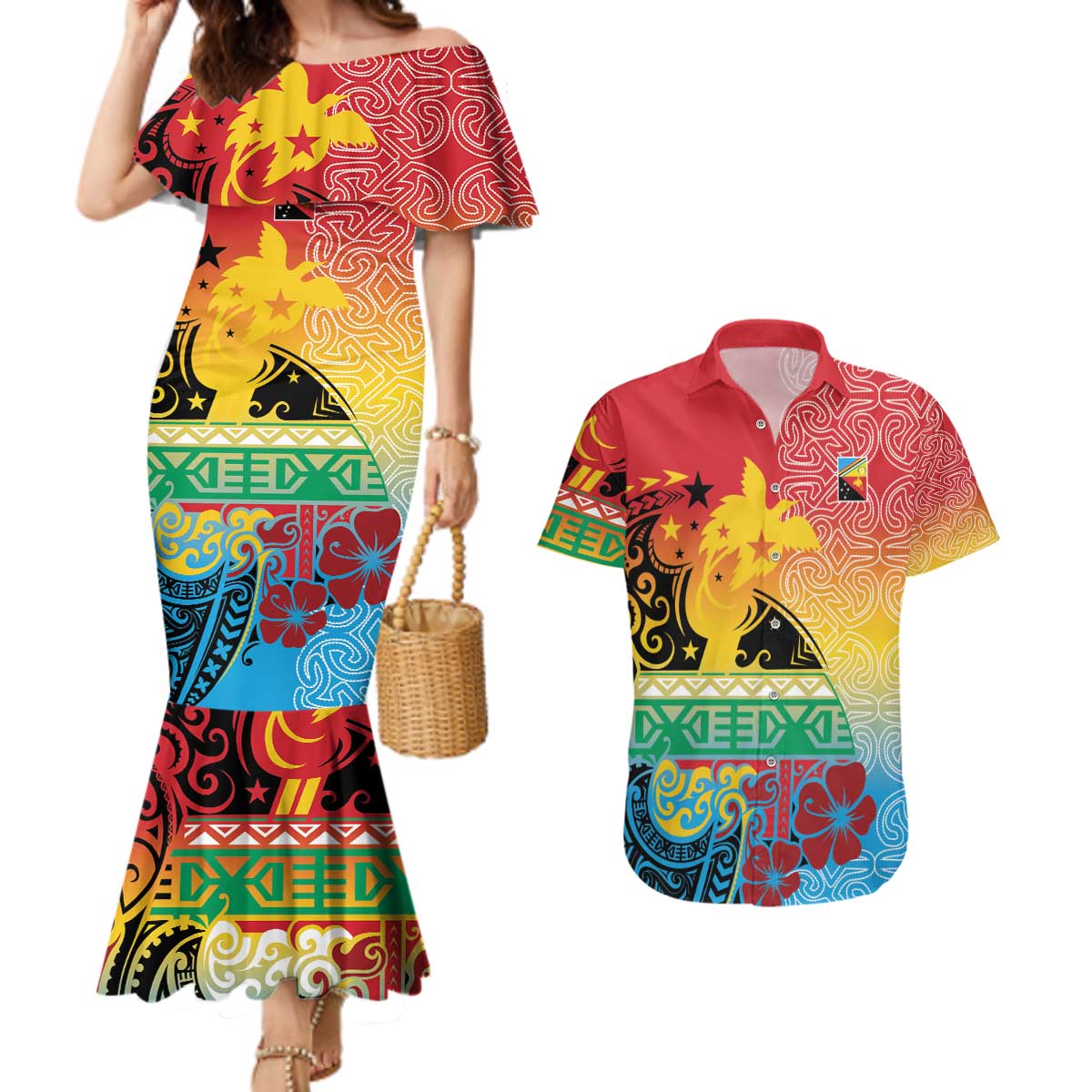 Personalised Torba PNG Day Couples Matching Mermaid Dress and Hawaiian Shirt Oro Tapa Pattern - Polynesian Pride