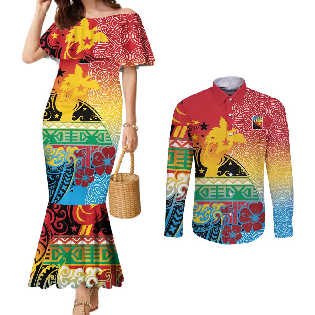 Personalised Torba PNG Day Couples Matching Mermaid Dress and Long Sleeve Button Shirt Oro Tapa Pattern - Polynesian Pride