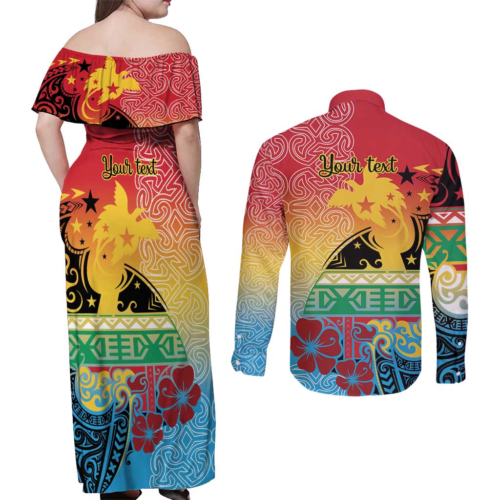 Personalised Torba PNG Day Couples Matching Off Shoulder Maxi Dress and Long Sleeve Button Shirt Oro Tapa Pattern - Polynesian Pride