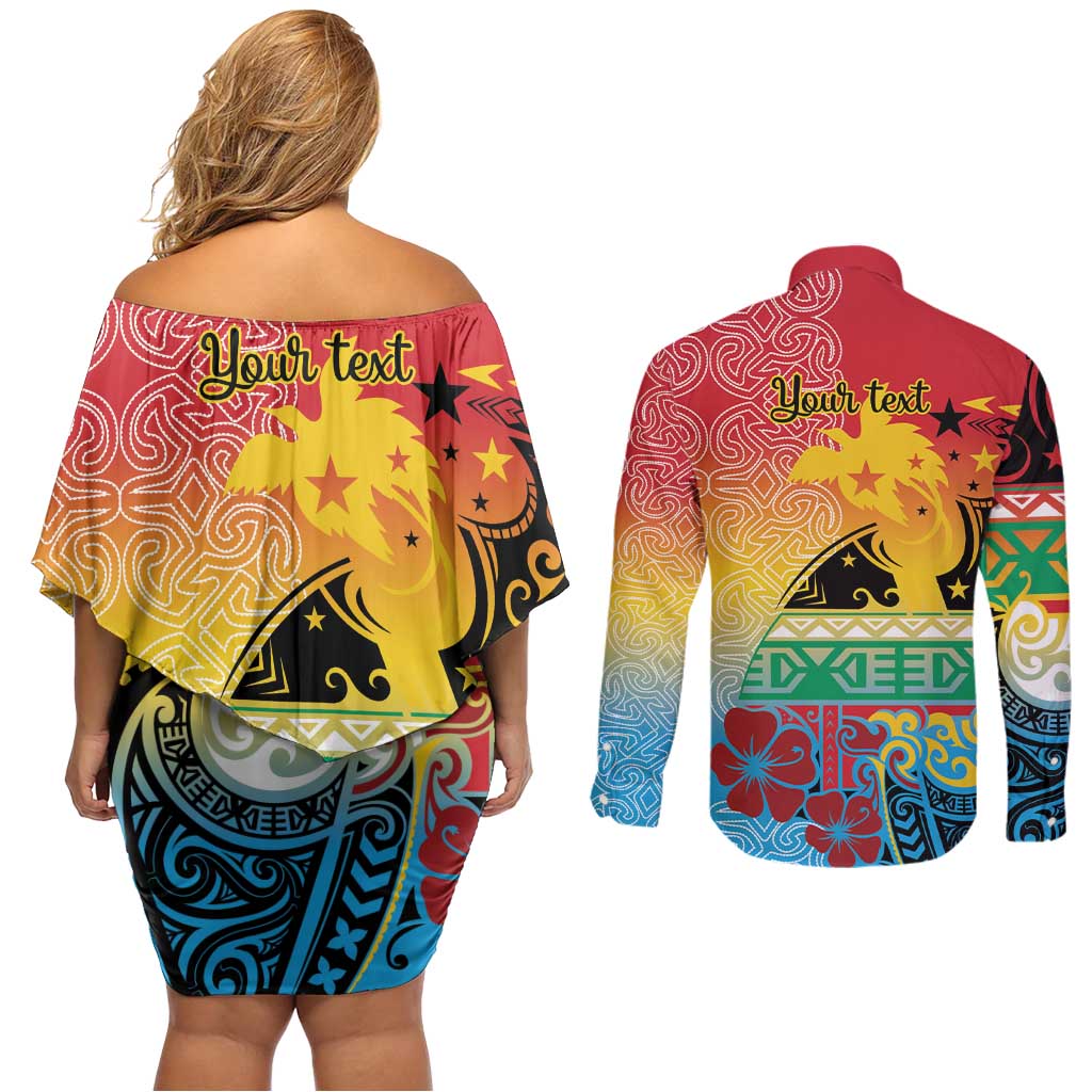 Personalised Torba PNG Day Couples Matching Off Shoulder Short Dress and Long Sleeve Button Shirt Oro Tapa Pattern - Polynesian Pride