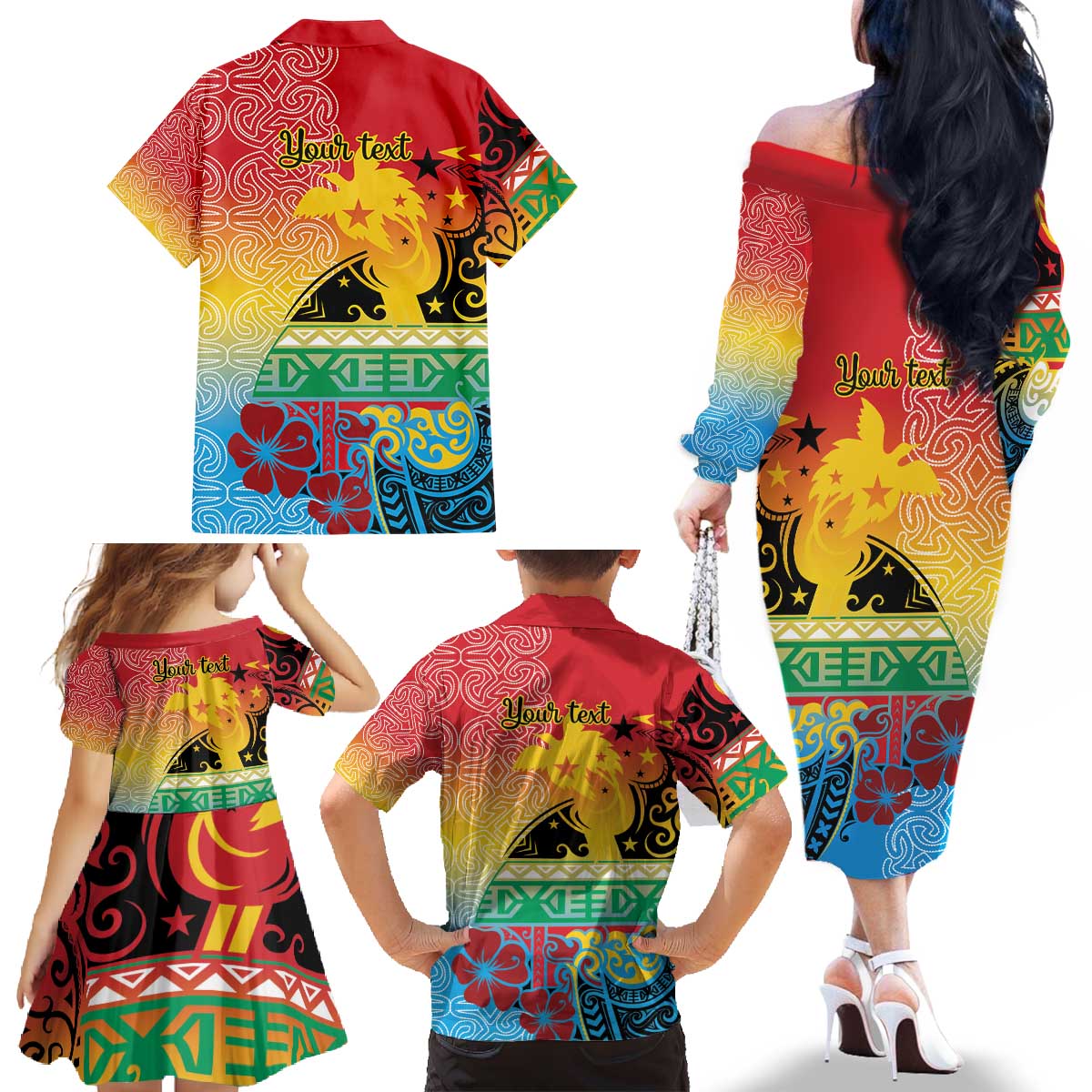 Personalised Torba PNG Day Family Matching Off The Shoulder Long Sleeve Dress and Hawaiian Shirt Oro Tapa Pattern - Polynesian Pride