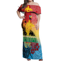 Personalised Torba PNG Day Off Shoulder Maxi Dress Oro Tapa Pattern - Polynesian Pride