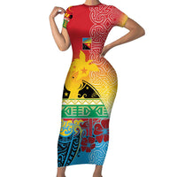Personalised Torba PNG Day Short Sleeve Bodycon Dress Oro Tapa Pattern - Polynesian Pride