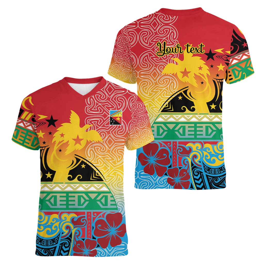 Personalised Torba PNG Day Women V-Neck T-Shirt Oro Tapa Pattern - Polynesian Pride