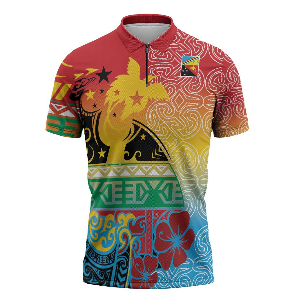 Personalised Torba PNG Day Zipper Polo Shirt Oro Tapa Pattern - Polynesian Pride