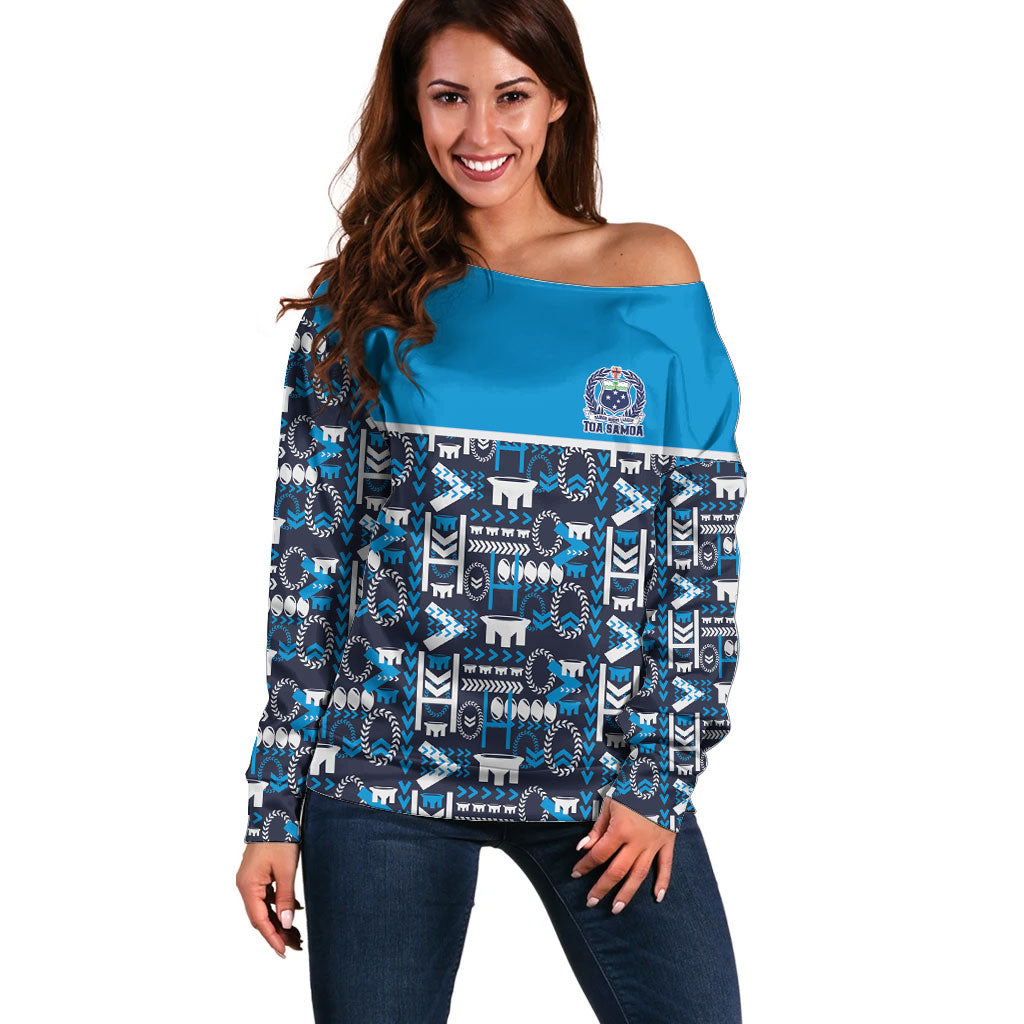 Samoan Warrior Island Heritage Off Shoulder Sweater Ocean Island Geometry Blue Style LT9 Women Blue - Polynesian Pride