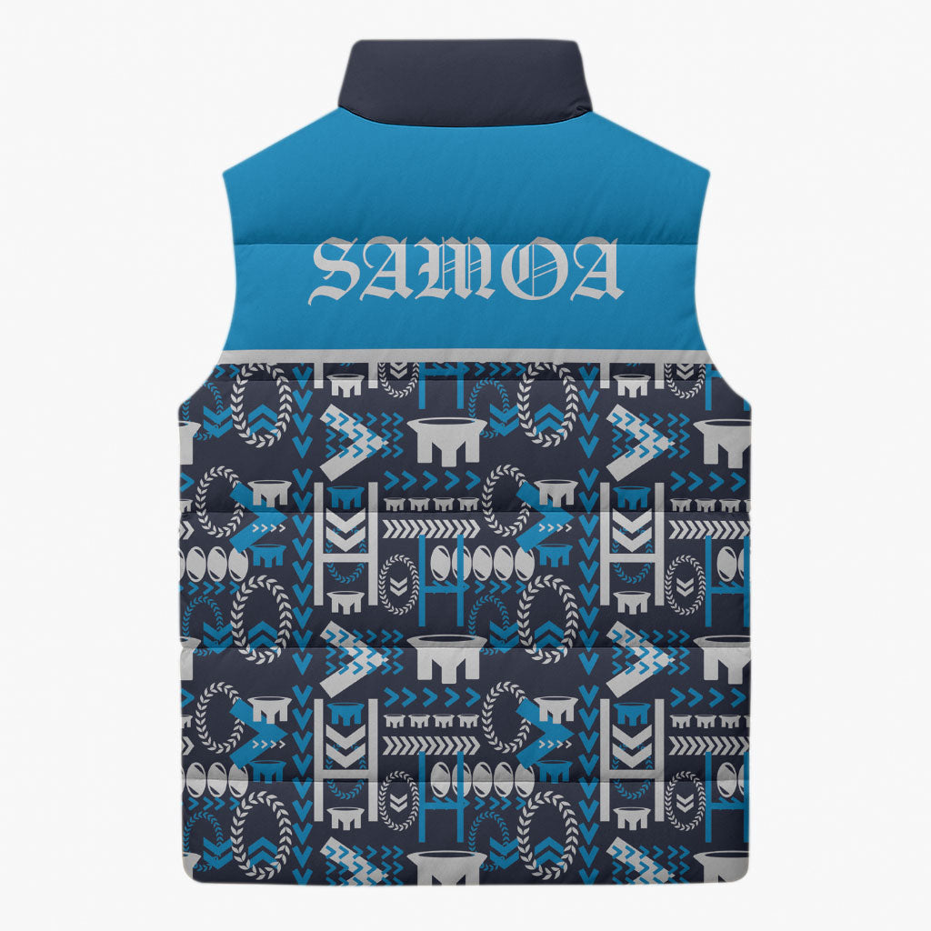 Samoan Warrior Island Heritage Sleeveless Puffer Jacket Ocean Island Geometry Blue Style LT9 - Polynesian Pride