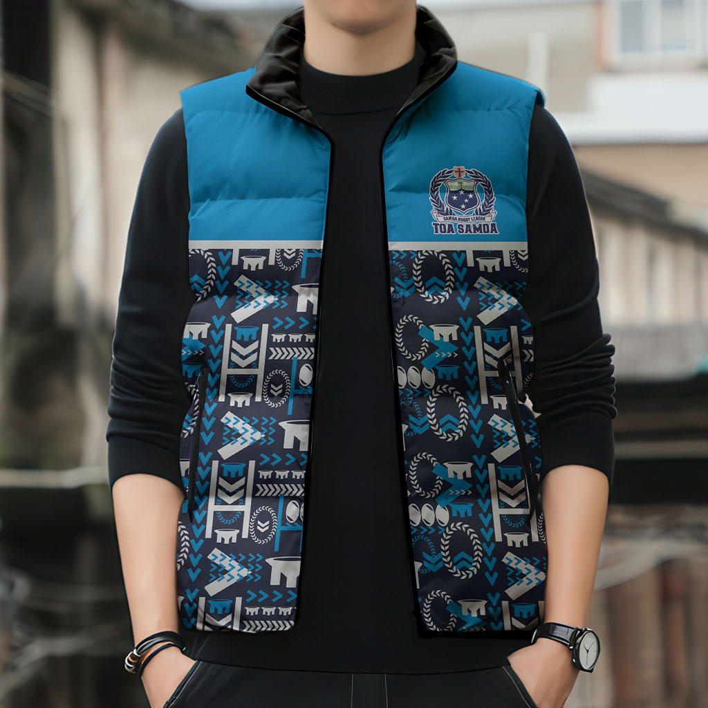 Samoan Warrior Island Heritage Sleeveless Puffer Jacket Ocean Island Geometry Blue Style LT9 - Polynesian Pride