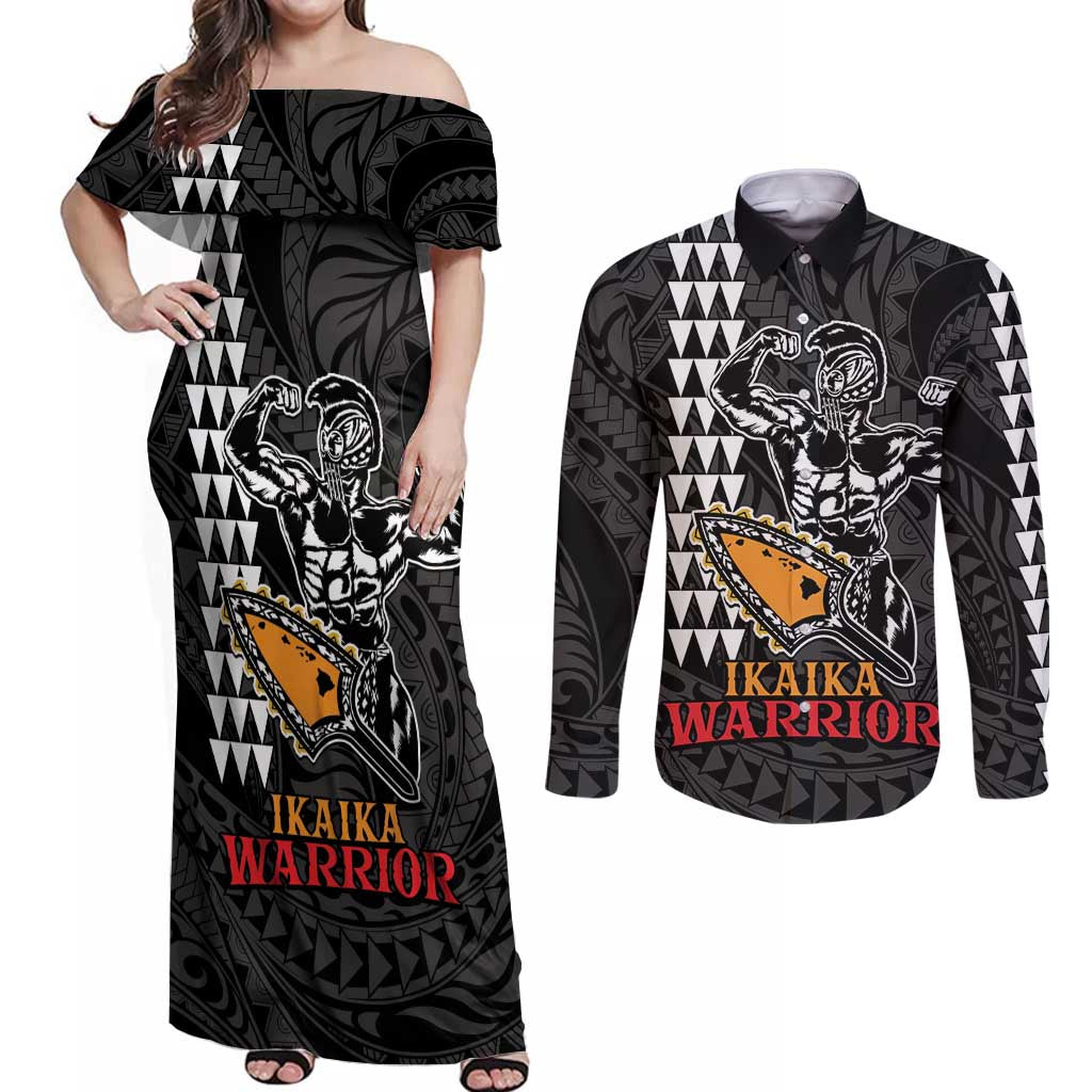 Aloha Spirit Ikaika Warrior Helmet Couples Matching Off Shoulder Maxi Dress and Long Sleeve Button Shirt LT9 Black - Polynesian Pride