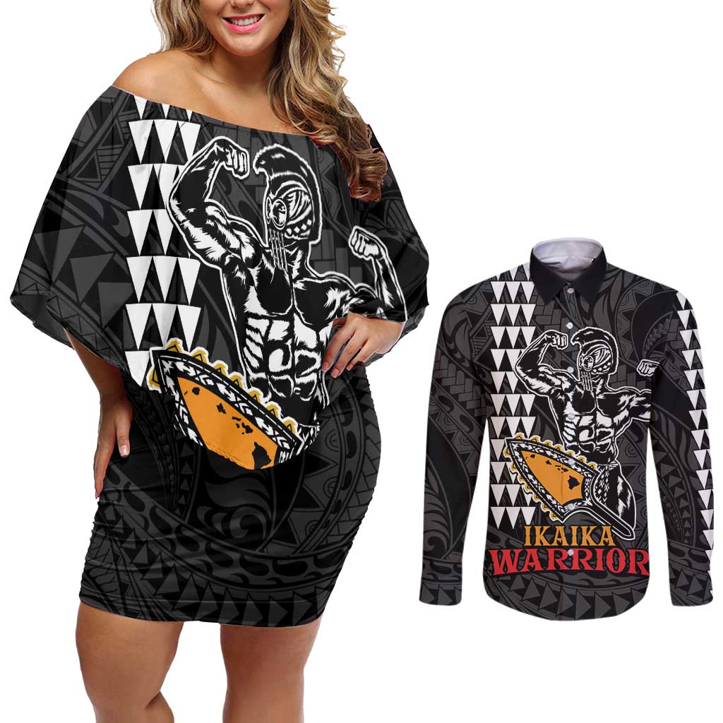 Aloha Spirit Ikaika Warrior Helmet Couples Matching Off Shoulder Short Dress and Long Sleeve Button Shirt LT9 Black - Polynesian Pride
