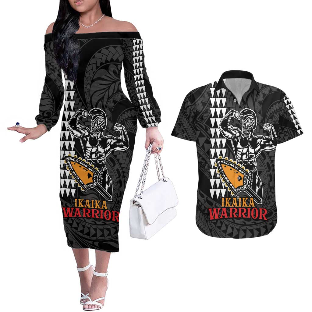 Aloha Spirit Ikaika Warrior Helmet Couples Matching Off The Shoulder Long Sleeve Dress and Hawaiian Shirt