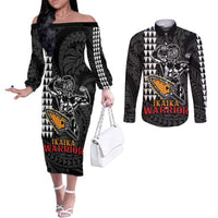 Aloha Spirit Ikaika Warrior Helmet Couples Matching Off The Shoulder Long Sleeve Dress and Long Sleeve Button Shirt LT9 Black - Polynesian Pride