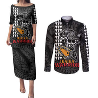 Aloha Spirit Ikaika Warrior Helmet Couples Matching Puletasi and Long Sleeve Button Shirt LT9 Black - Polynesian Pride