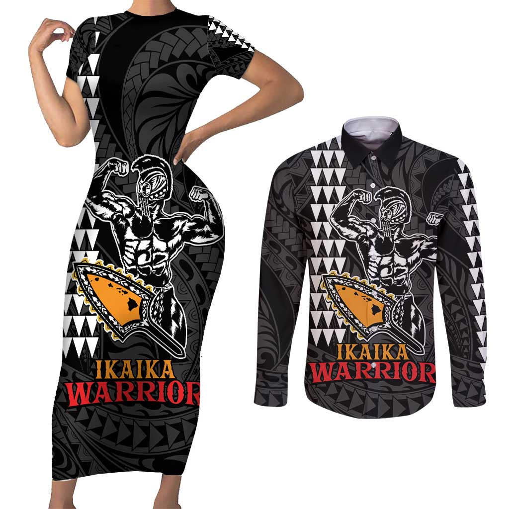 Aloha Spirit Ikaika Warrior Helmet Couples Matching Short Sleeve Bodycon Dress and Long Sleeve Button Shirt LT9 Black - Polynesian Pride