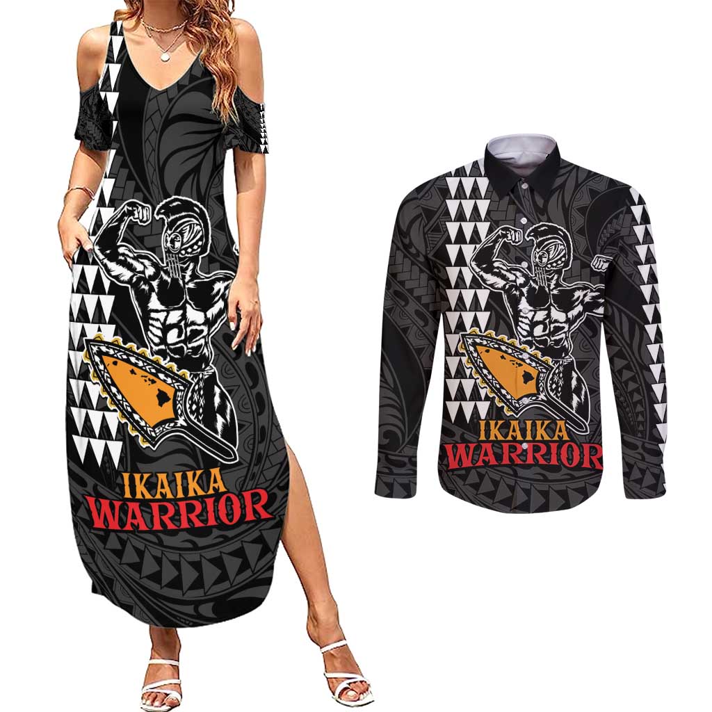 Aloha Spirit Ikaika Warrior Helmet Couples Matching Summer Maxi Dress and Long Sleeve Button Shirt LT9 Black - Polynesian Pride