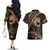 Ikaika Hawaiian Mythic Koa Tribal Warrior Couples Matching Off The Shoulder Long Sleeve Dress and Hawaiian Shirt