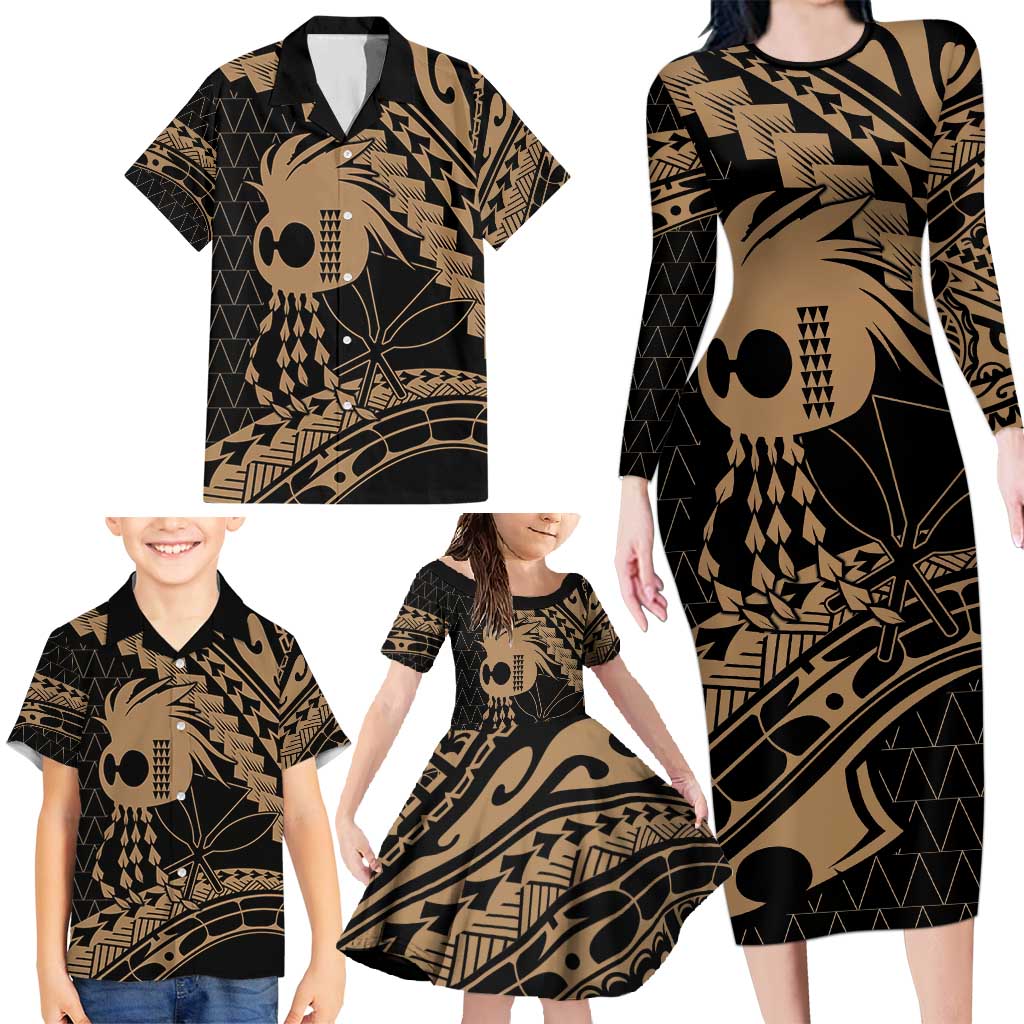 Ikaika Hawaiian Mythic Koa Tribal Warrior Family Matching Long Sleeve Bodycon Dress and Hawaiian Shirt