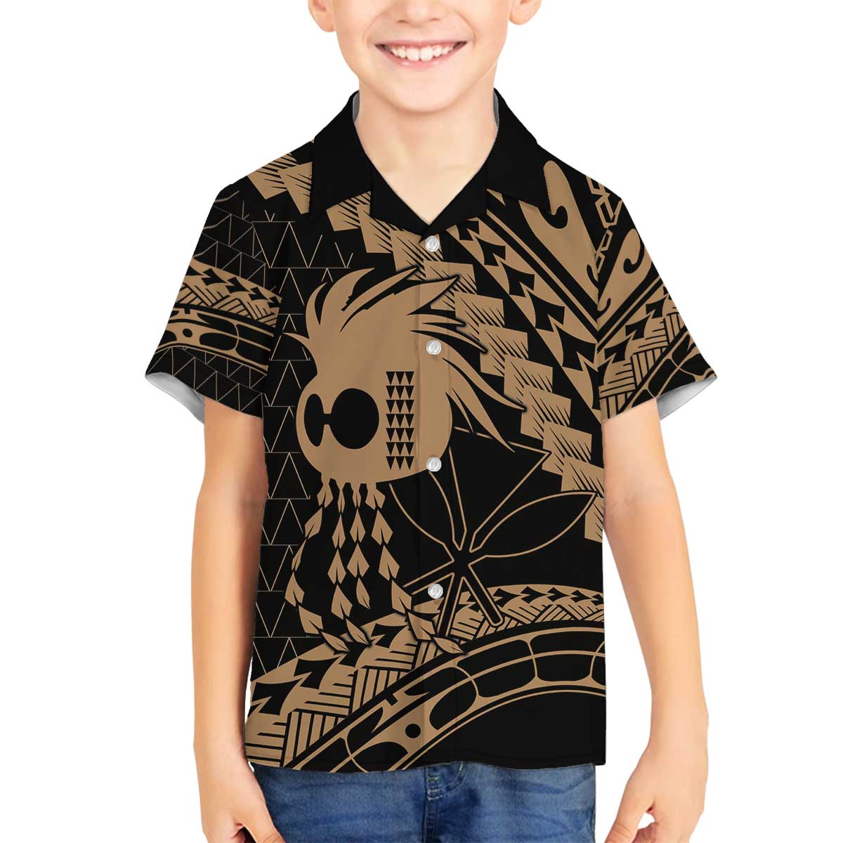 Ikaika Hawaiian Mythic Koa Tribal Warrior Family Matching Off The Shoulder Long Sleeve Dress and Hawaiian Shirt