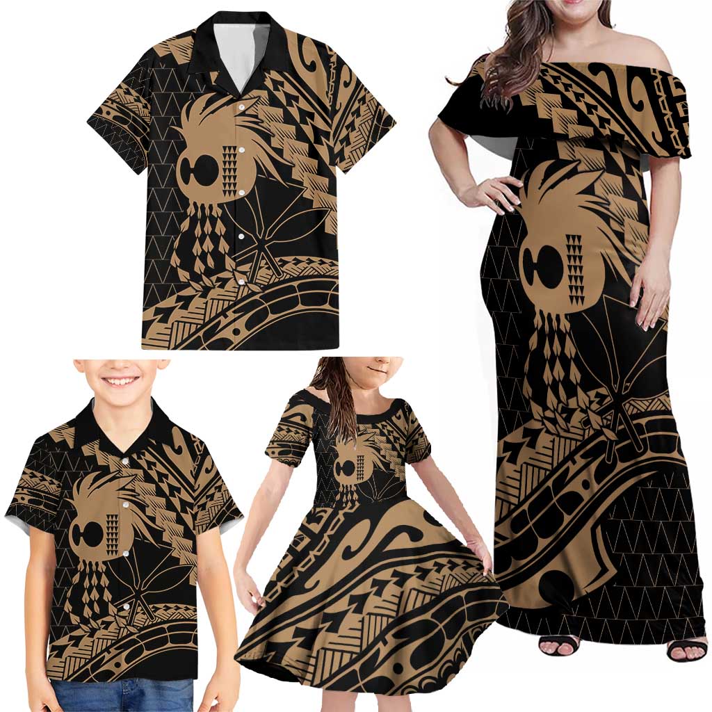 Ikaika Hawaiian Mythic Koa Tribal Warrior Family Matching Off Shoulder Maxi Dress and Hawaiian Shirt